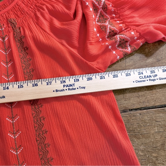 GNW Peasant Blouse Embroidered Boho Top Tassle Tie V neck Medium Tangerine - Picture 8 of 11